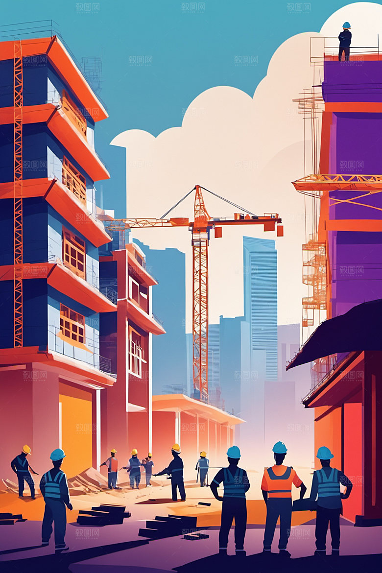 彩色工人人物生产插画