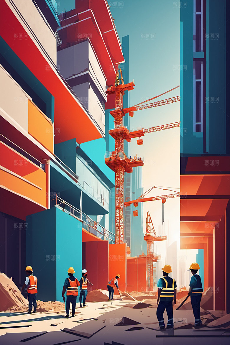 彩色工人涂鸦建设插画