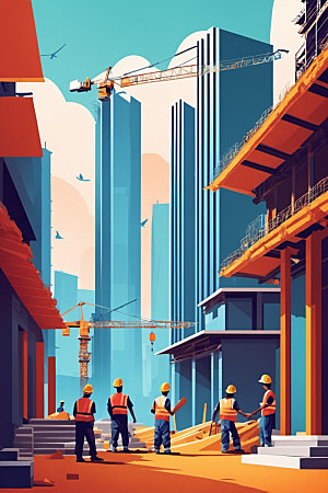 彩色工人工厂建筑插画