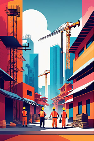 彩色工人建设工地插画