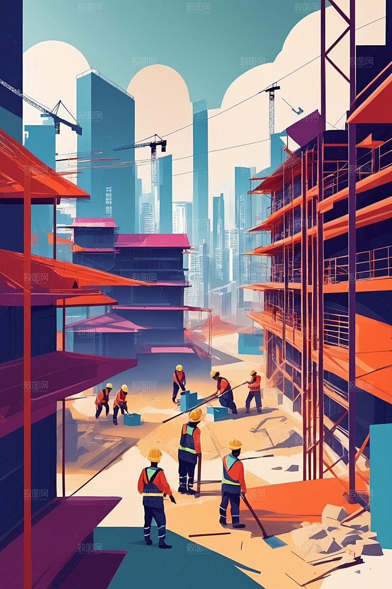 彩色工人建筑工厂插画