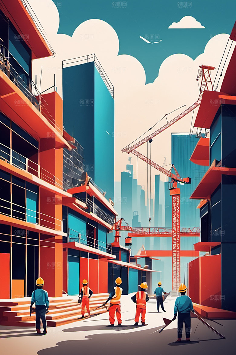 彩色工人建设生产插画