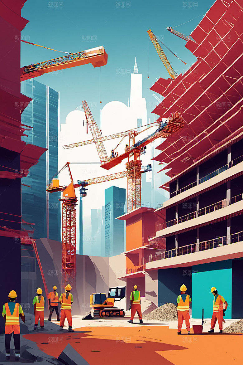 彩色工人建筑人物插画