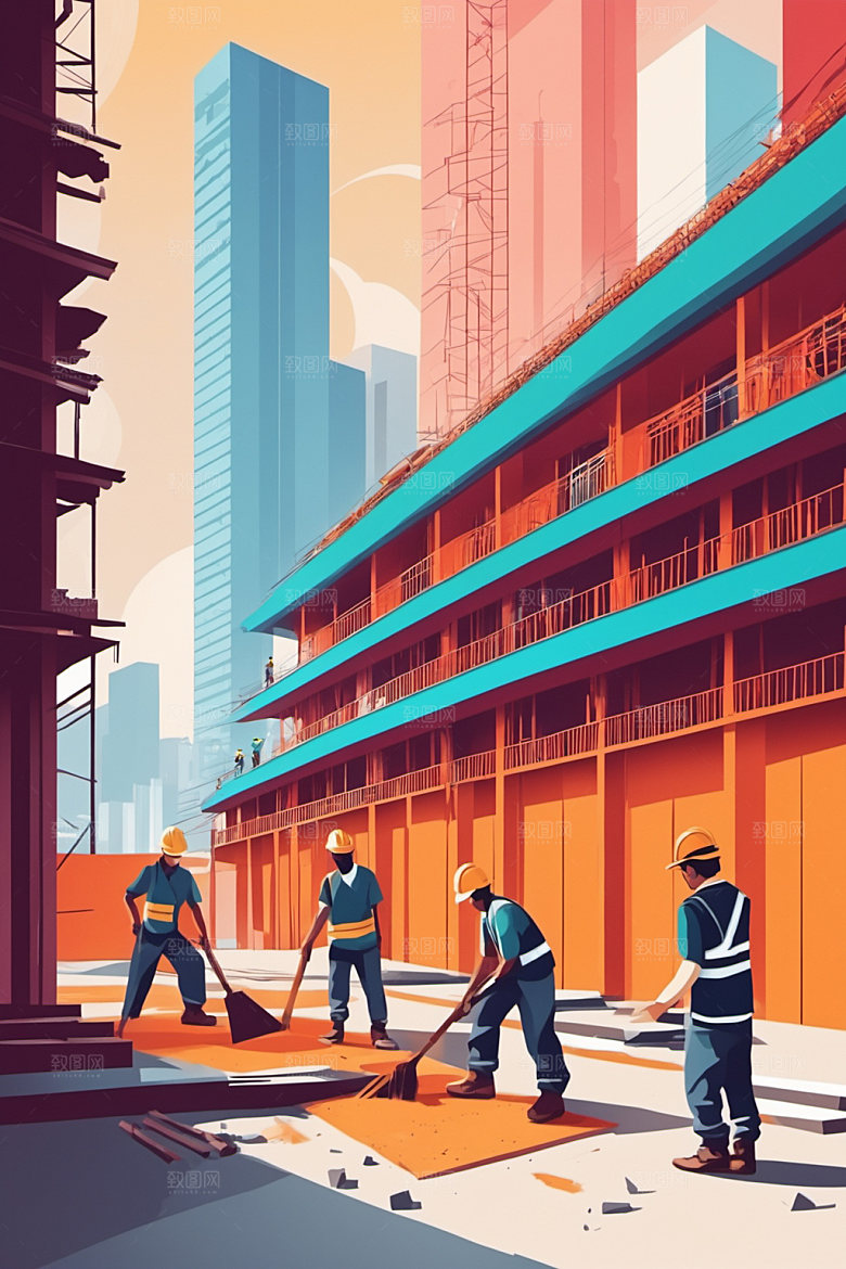 彩色工人建筑工厂插画