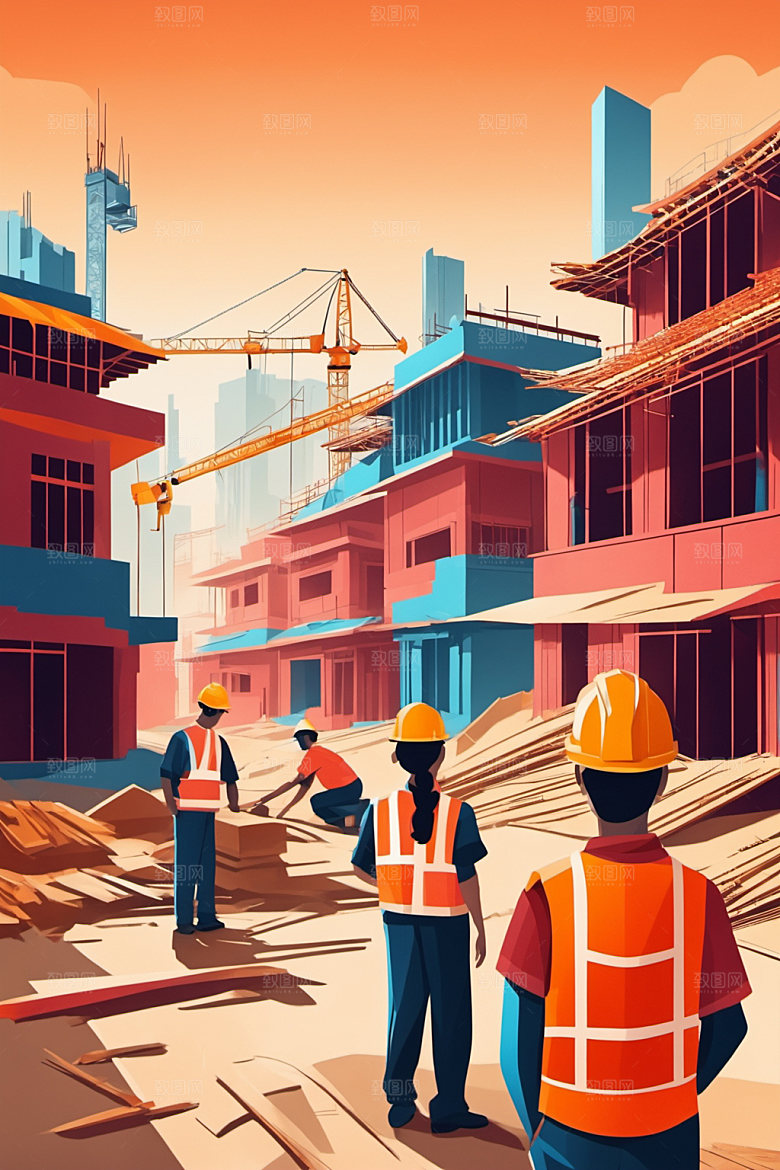 彩色工人建设工地插画