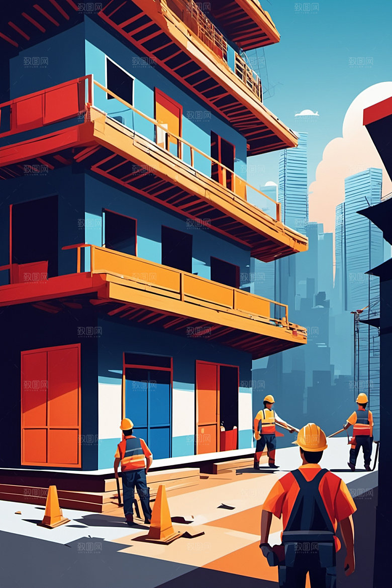 彩色工人建设建筑插画