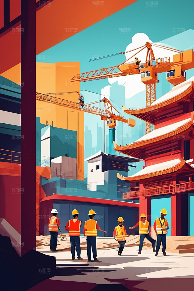 彩色工人建筑人物插画