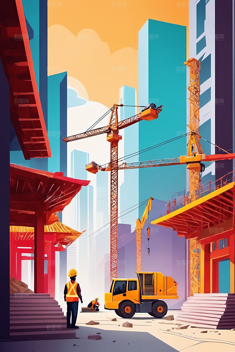 彩色工人工厂建设插画