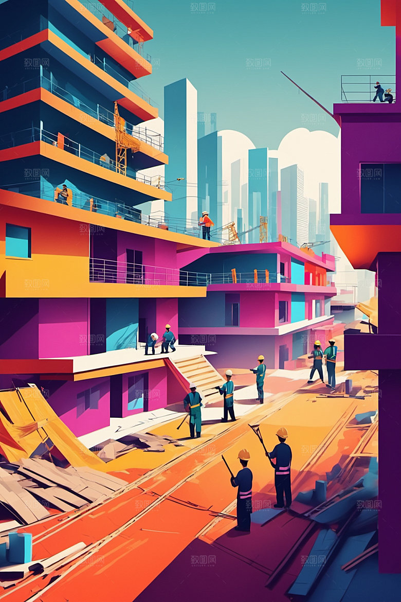 彩色工人建设建筑插画