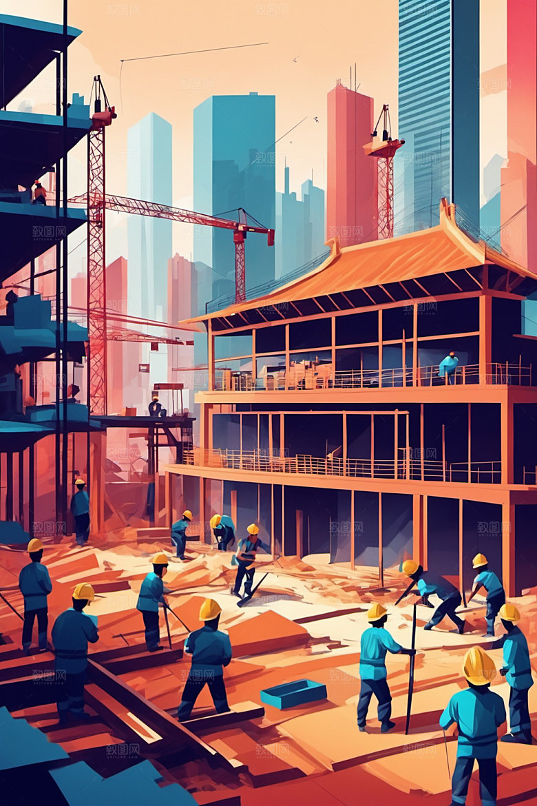彩色工人艺术工地插画