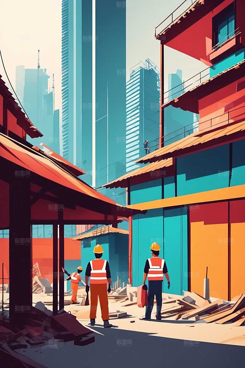 彩色工人涂鸦人物插画
