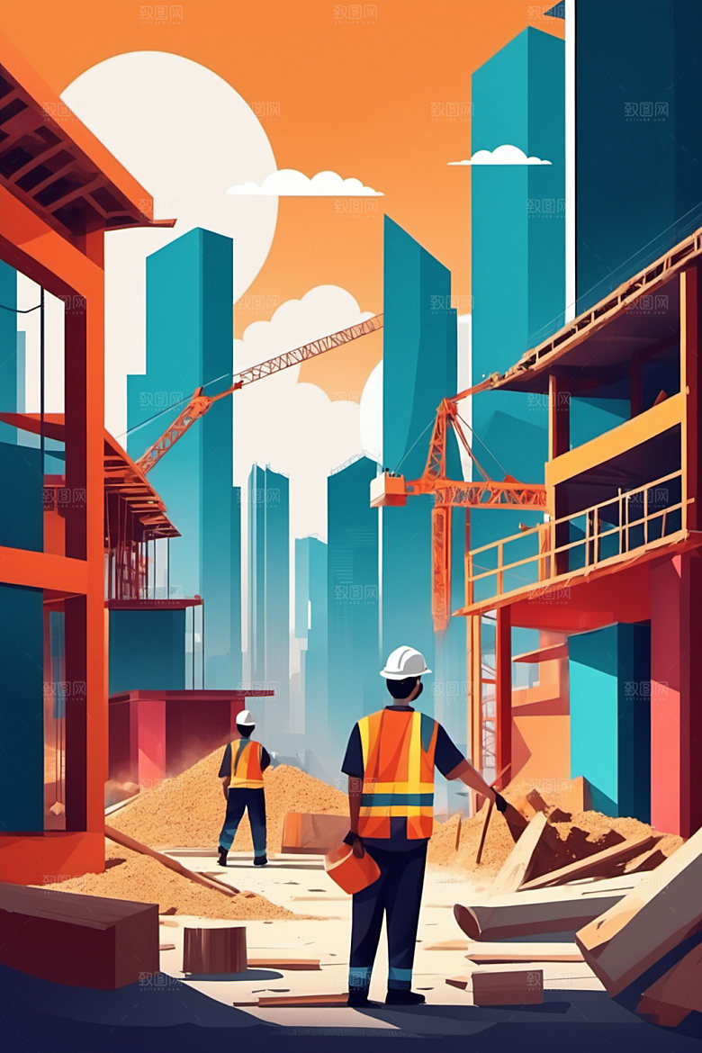 彩色工人建筑人物插画