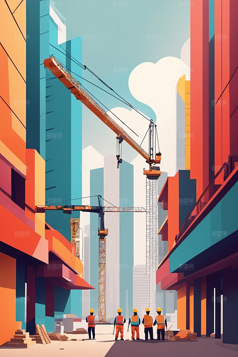 彩色工人人物建筑插画