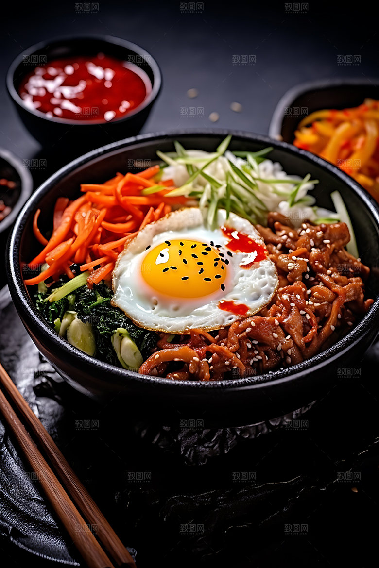 石锅拌饭韩国料理美味摄影图