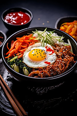 石锅拌饭韩国料理美味摄影图
