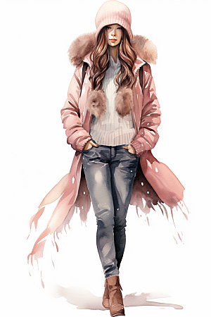 冬季时尚模特日常穿搭矢量素材