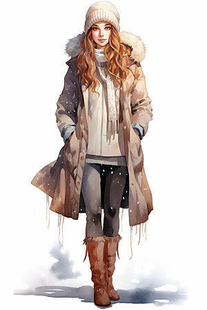 冬季时尚日常穿搭模特矢量素材