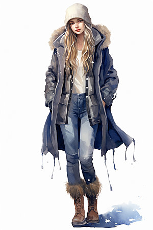 冬季时尚模特日常穿搭矢量素材