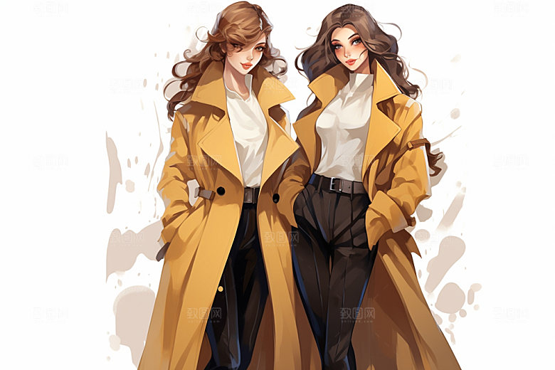 时尚冬装闺蜜女孩手绘插画矢量素材
