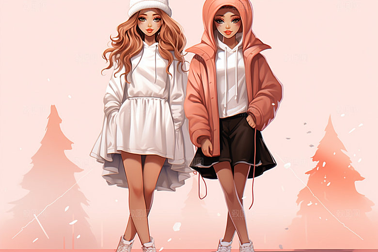 时尚冬装手绘插画闺蜜女孩矢量素材