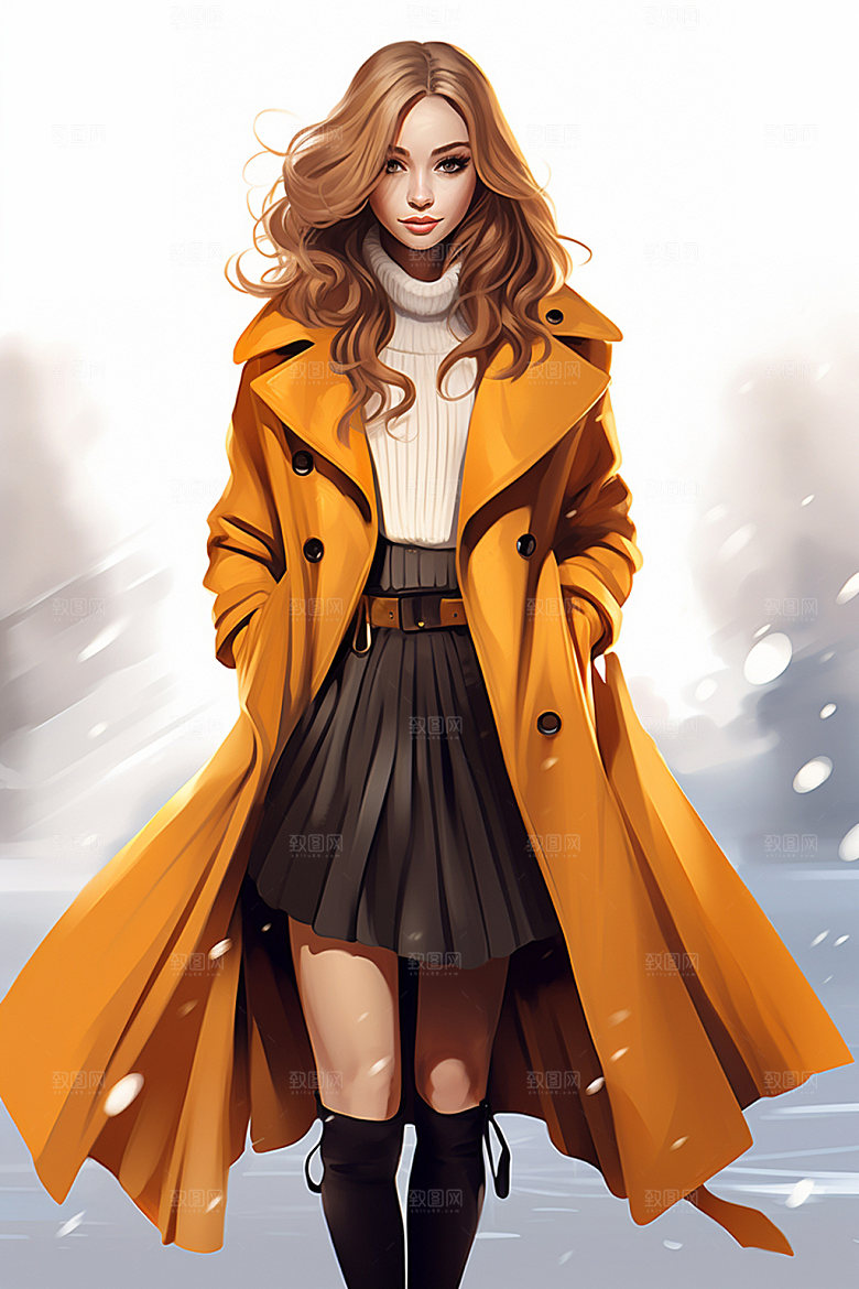 时尚冬装闺蜜女孩手绘插画矢量素材