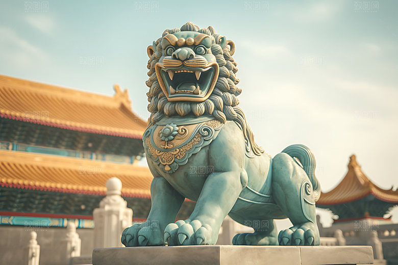 石狮子门神传统文化摄影图