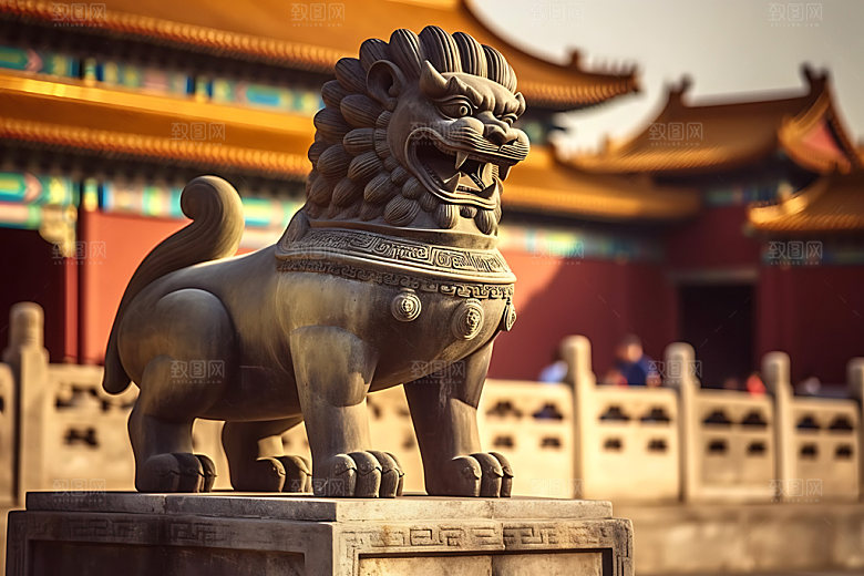 石狮子石雕门神摄影图