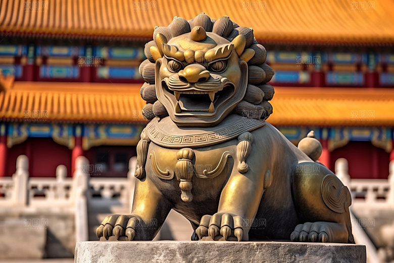 石狮子门神石雕摄影图