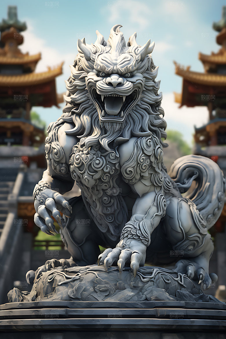 石狮子石刻特写摄影图