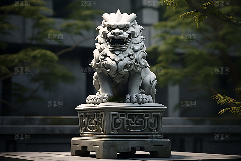 石狮子石刻特写摄影图
