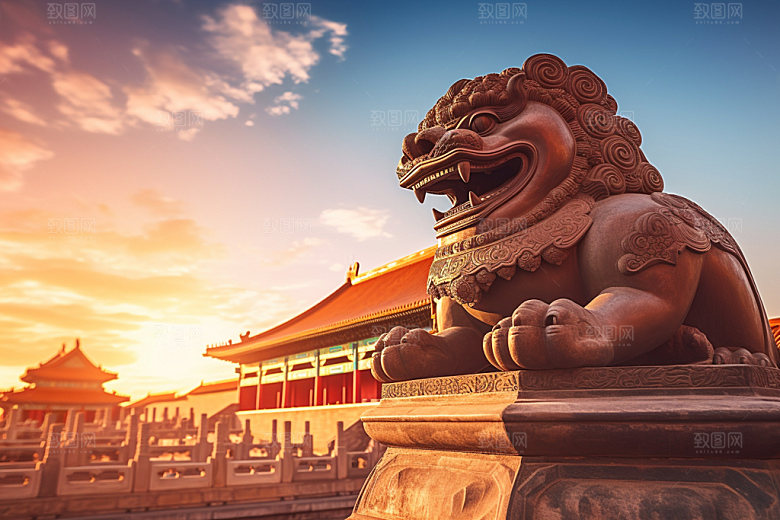 石狮子石像传统文化摄影图