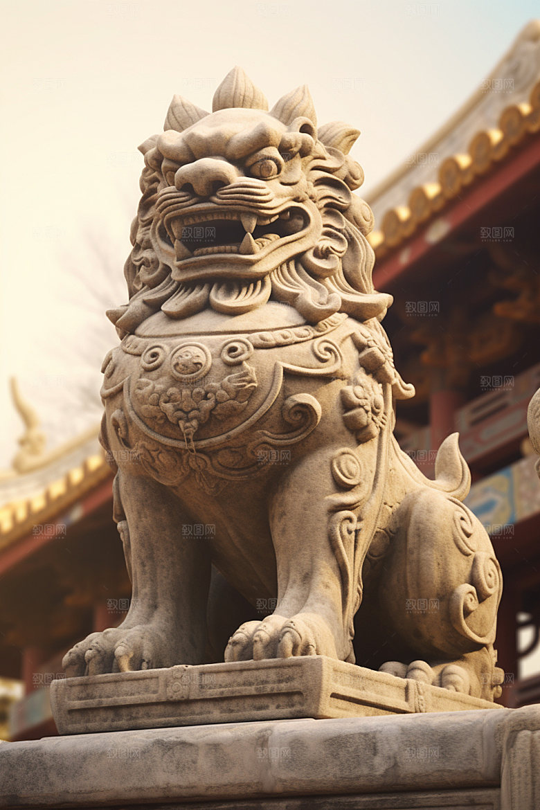 石狮子传统文化石像摄影图