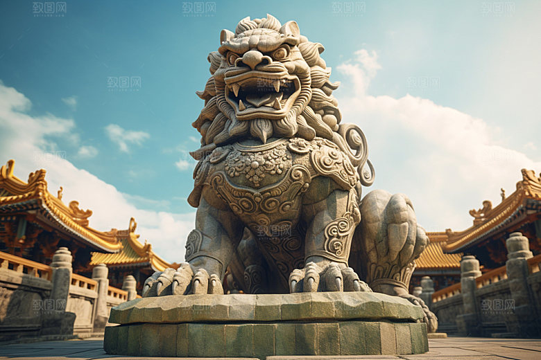 石狮子石像中式建筑摄影图