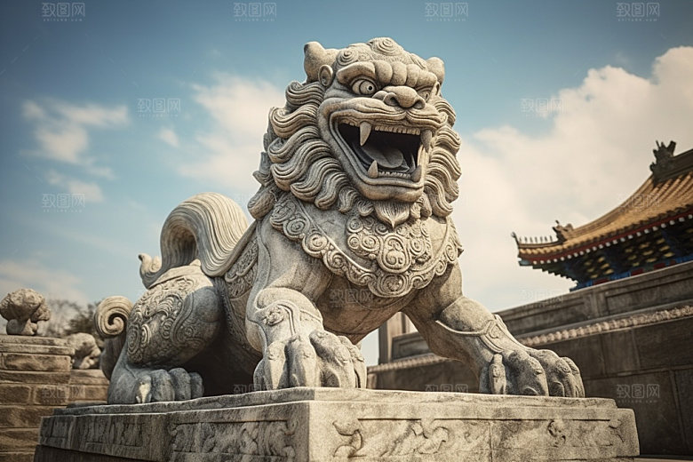 石狮子中式建筑石像摄影图