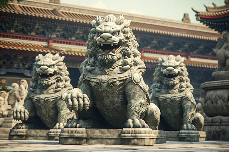石狮子石像中式建筑摄影图
