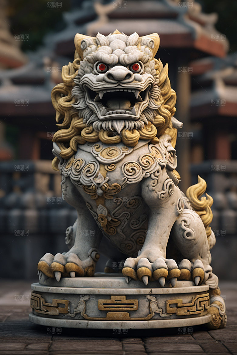 石狮子石像中式建筑摄影图