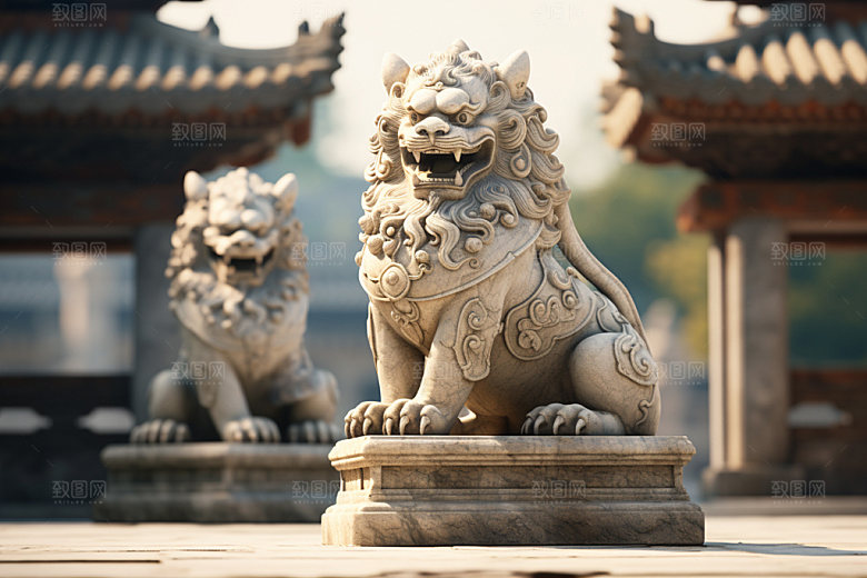 石狮子石像传统文化摄影图