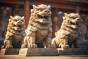 石狮子雕塑中式建筑摄影图