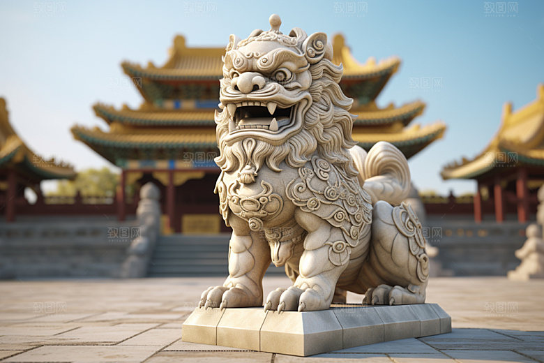 石狮子雕塑石像摄影图