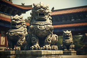 石狮子传统文化石像摄影图