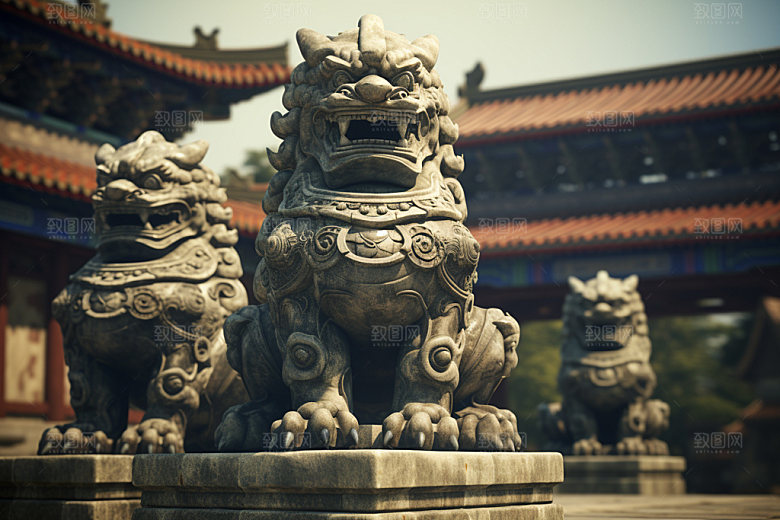 石狮子传统文化石像摄影图