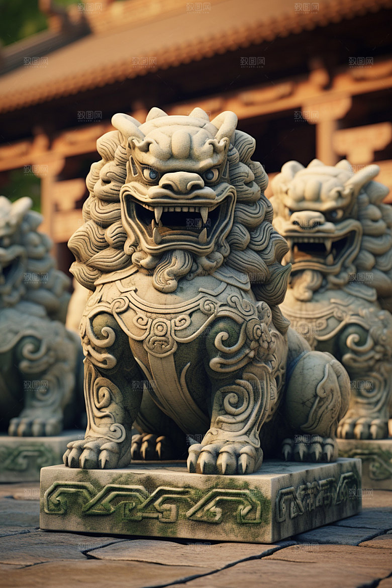 石狮子石像中式建筑摄影图