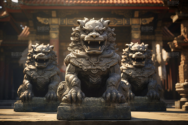 石狮子中式建筑雕塑摄影图