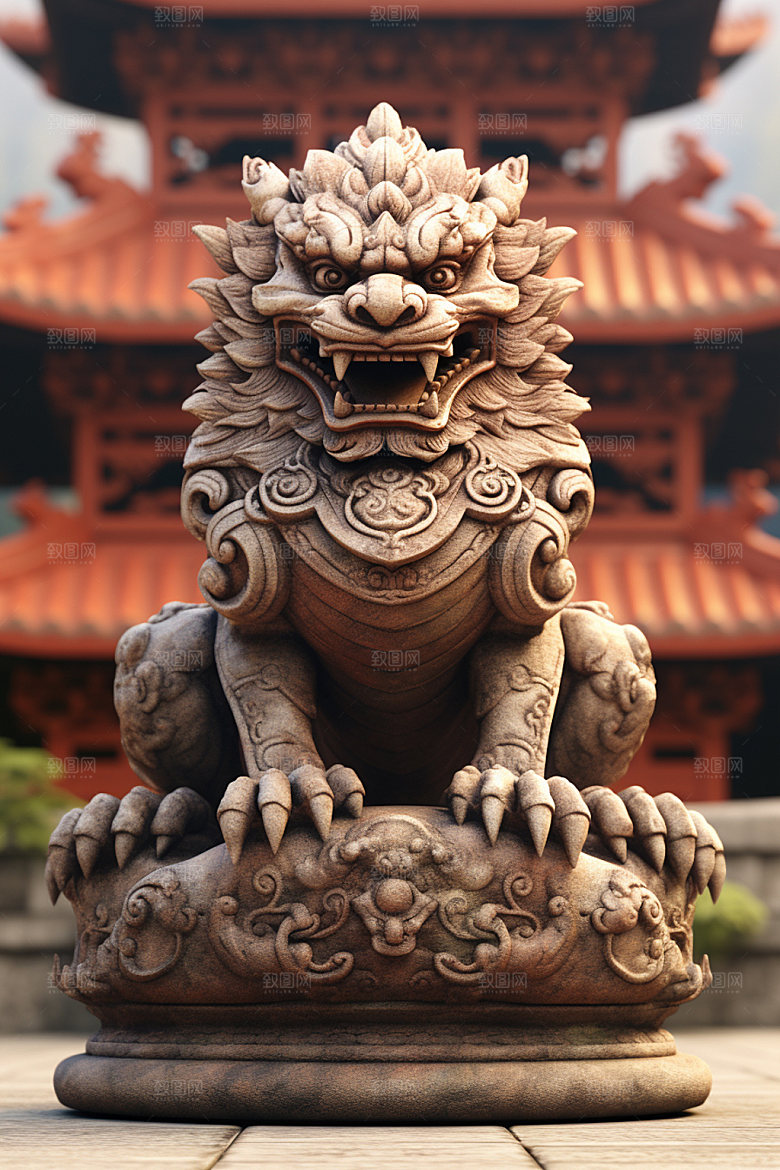 石狮子中式建筑镇宅平安摄影图