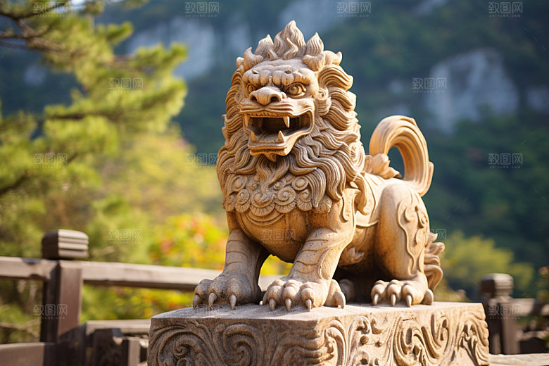 石狮子中式建筑高清摄影图