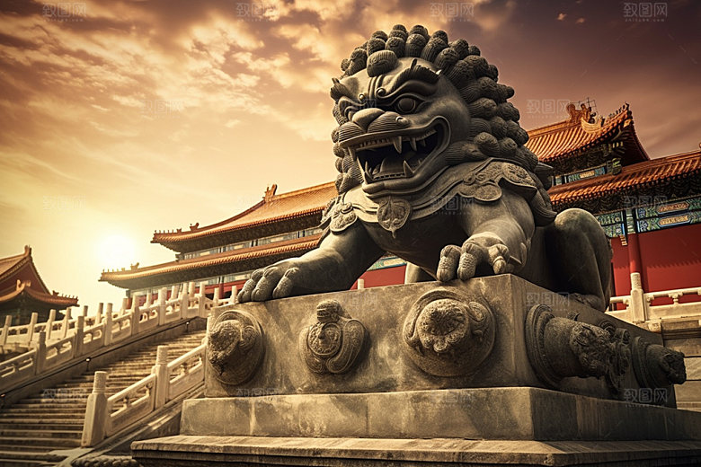 石狮子雕塑中式建筑摄影图