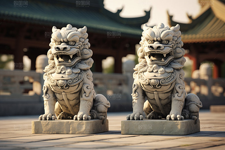 石狮子高清中式建筑摄影图