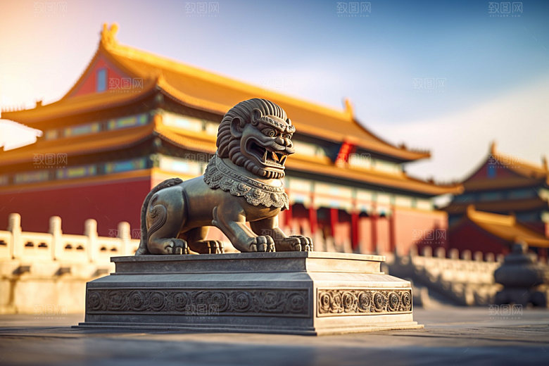 石狮子石像中式建筑摄影图