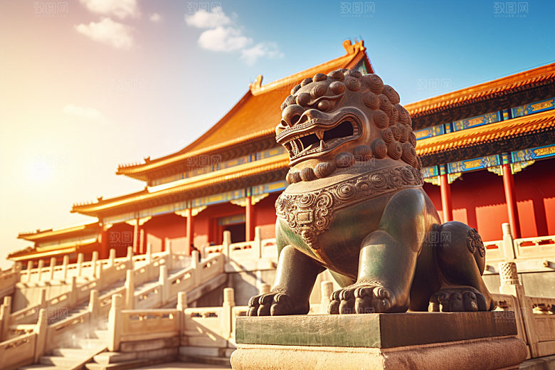 石狮子石像中式建筑摄影图