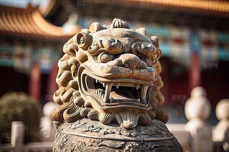 石狮子雕塑中式建筑摄影图